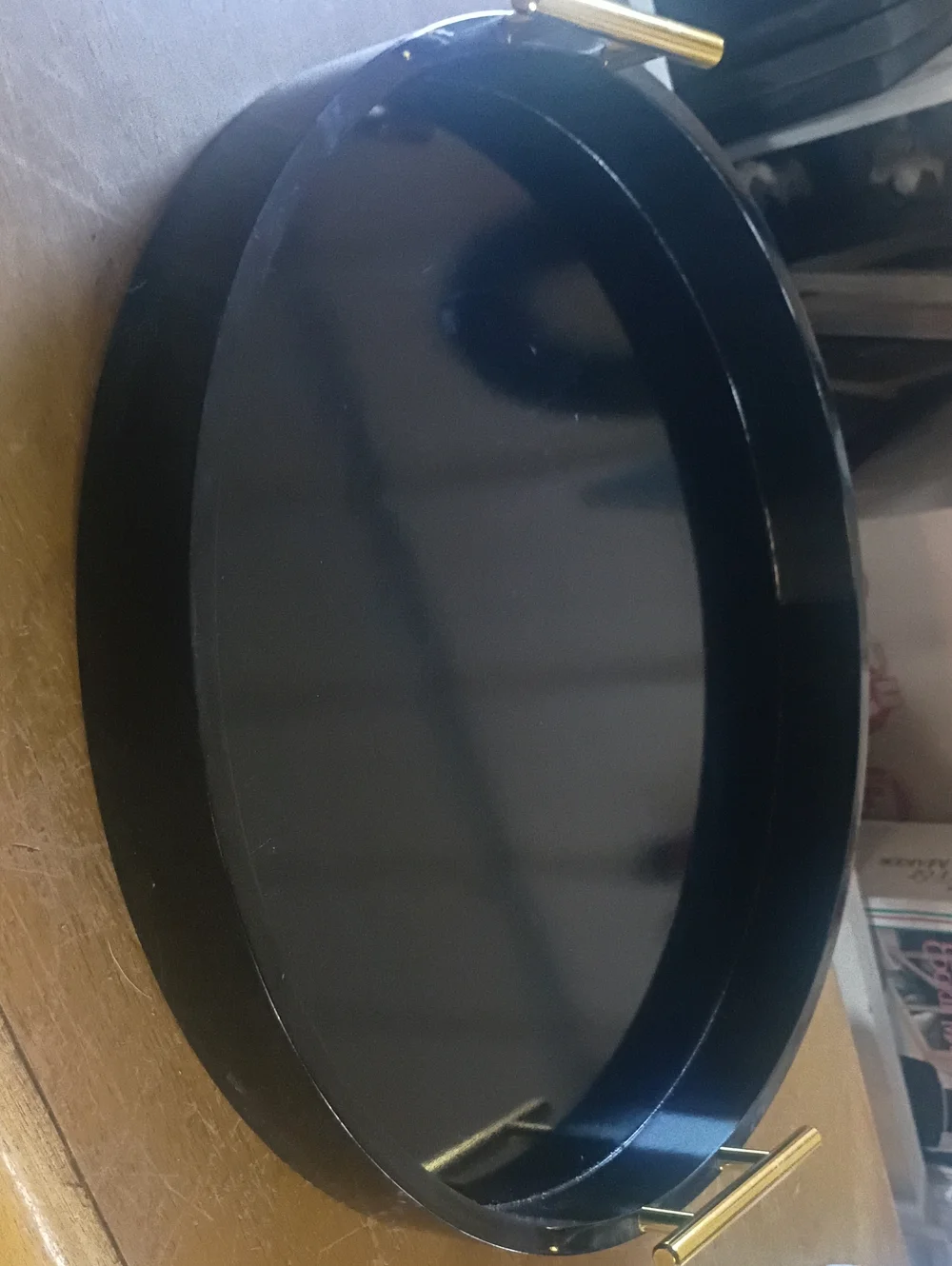 Round Black Serving Tray with Gold Handles